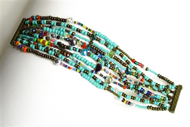 Multicolor Turquoise & Bronze 10 Strand Color Block Bracelet