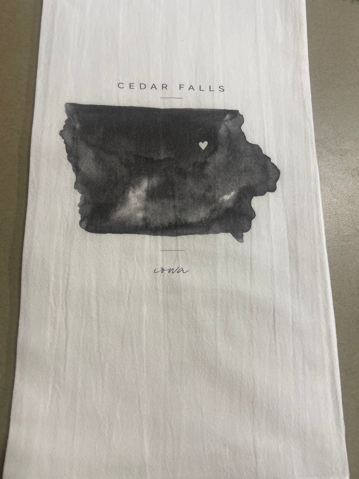 Iowa Cedar Falls Watercolor Map Tea Towel: White • 100% Cotton