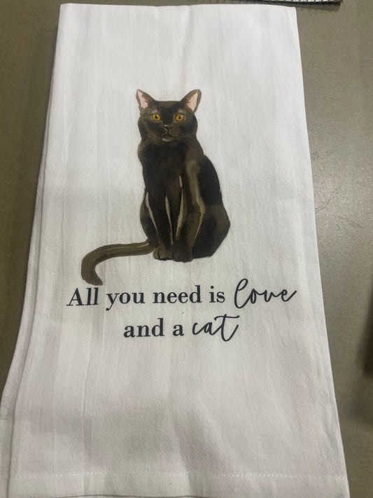 Love And A Cat Tea Towel: White • 100% Cotton Bombay