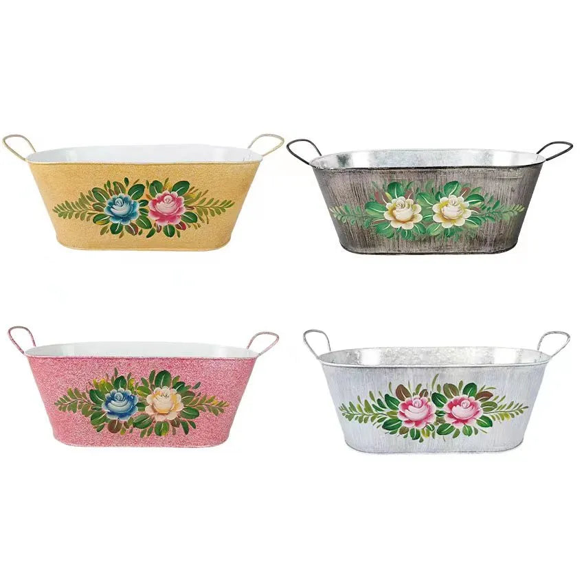 Oval Metal Planter with painted flowers