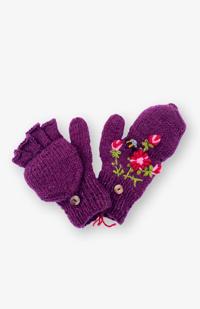 Knit Wool Glitten w/Flower & Bee Embroidery