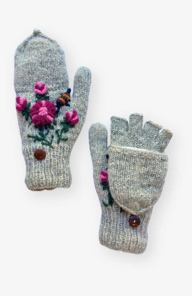 Knit Wool Glitten w/Flower & Bee Embroidery