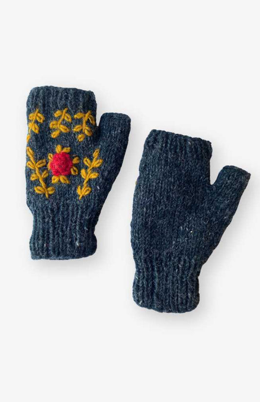 Charcoal Grey Red Rose Embroidery Fingerless Gloves