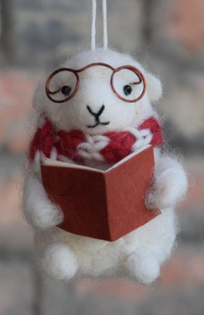 Felt Sheep w/book & Glasses Ornament