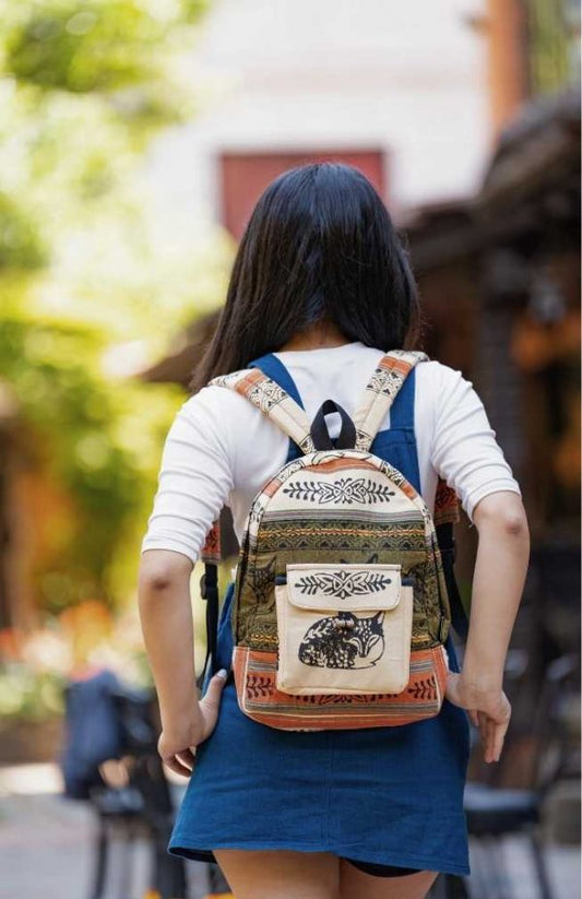 Hand Block-Printed Backpack on Striped Cotton Fabric