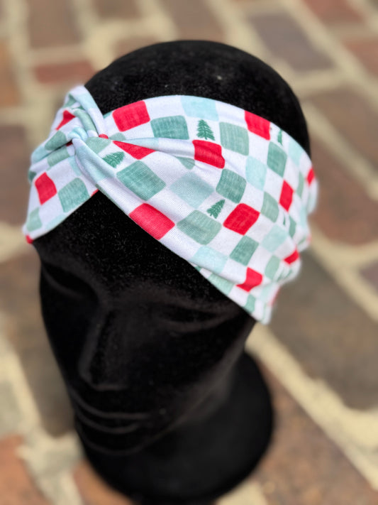 Tree, Red and Green checkered Headband
