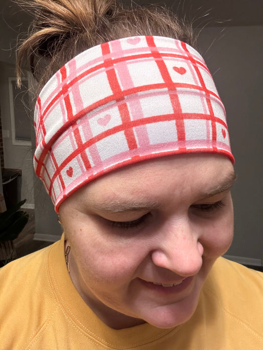 pink plaid with hearts Headband
