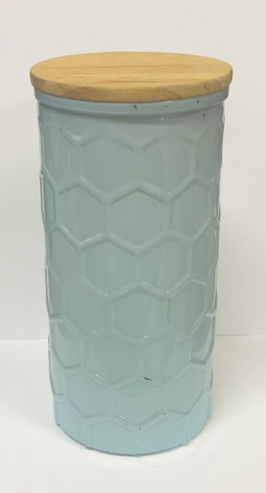 Ceramic Storage Canister With Honeycomb Design and Wooden Lid