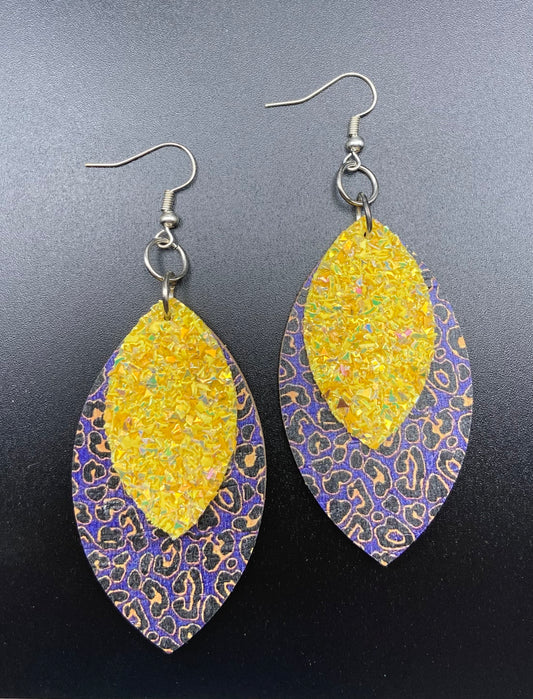 Purple leopard print with yellow glitter earring