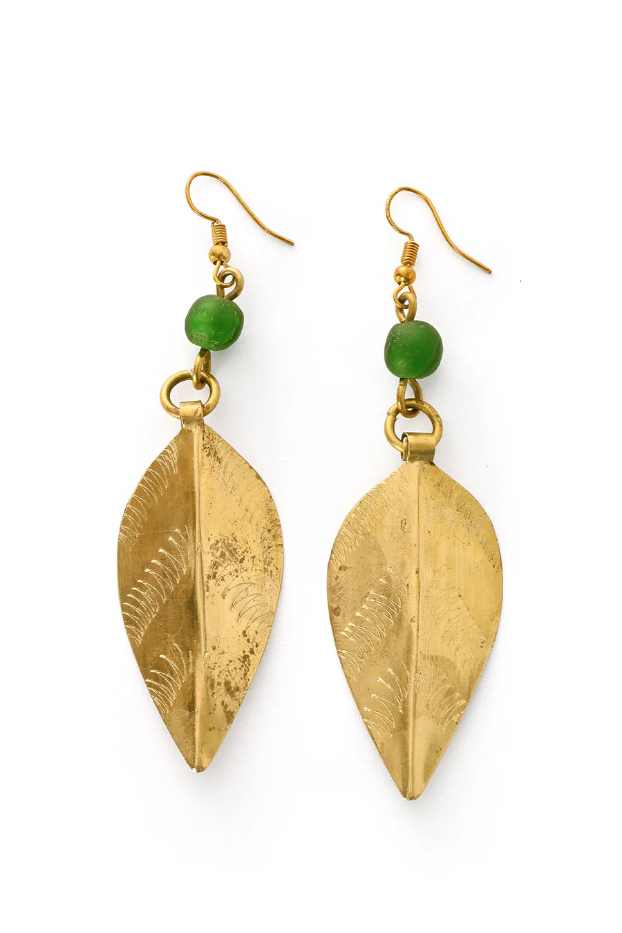 Etched Brass Leaf Earrings with Green Glass Bead