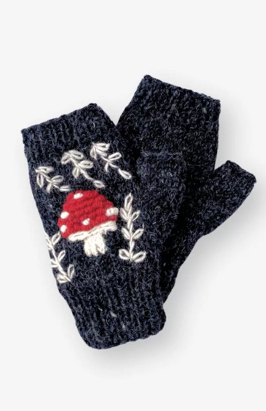 Wool Knit Handwarmers w/ Embroidered Mushroom Design. Fleece Lined. Assorted Colors