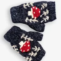 Wool Knit Handwarmers w/ Embroidered Mushroom Design. Fleece Lined. Assorted Colors