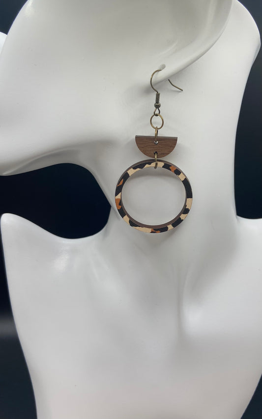Leopard print wood hoop earring