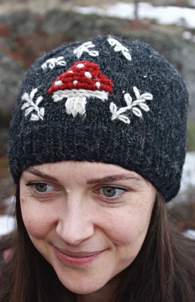 Adult Knit Hat with Embroidered Mushroom Design. Fleece Lined. Assorted Sizes and Assorted Colors