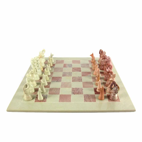 Soapstone Hand-Carved Chess Set in Box - Safari Animal Pieces