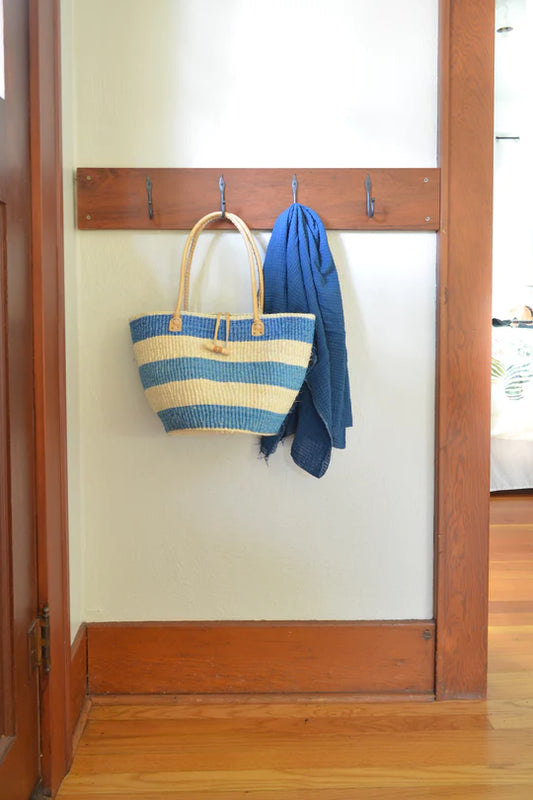 Shades of Blue Striped Sisal Bag With Leather Handles