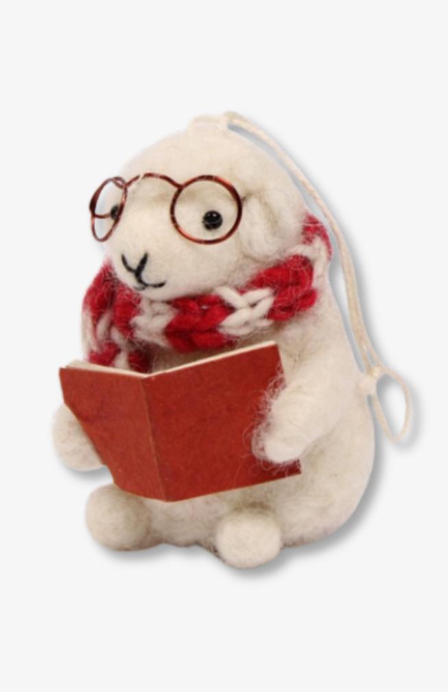 Felt Sheep w/book & Glasses Ornament