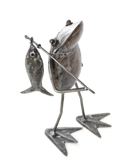 Metal Fishing Frog Sculpture