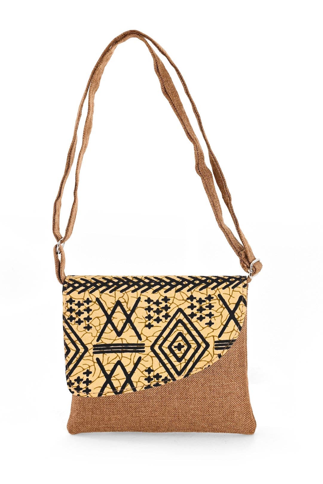 Brown Jute & African Print Crossbody Bag