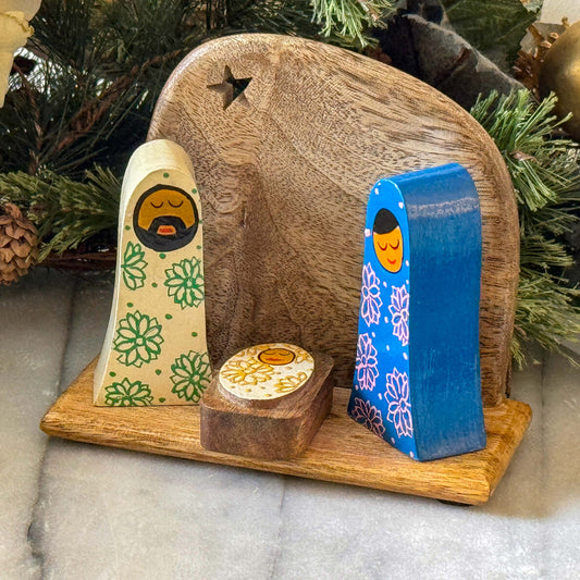 Handpainted Holy Family Mango Wood Nativity Set  (4 pc)