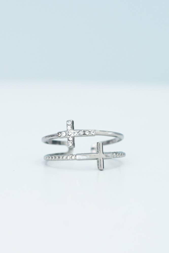 Silver Cross Serenity Ring- Stainless Steel Cross Ring Spiral Adjustable Ring