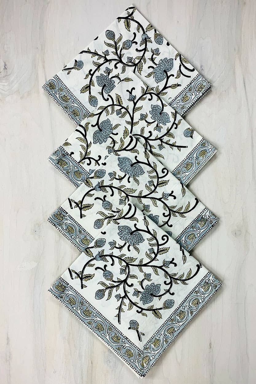 Silver Floral Block Print Napkins - Set of 4