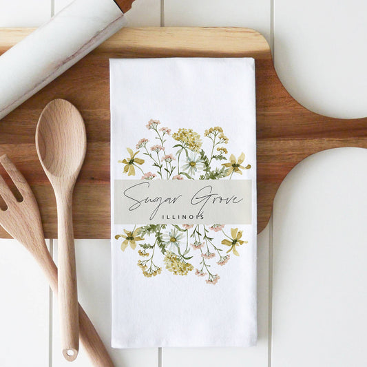 Cedar Falls, Iowa Flower Tea Towel: White • 100% Cotton