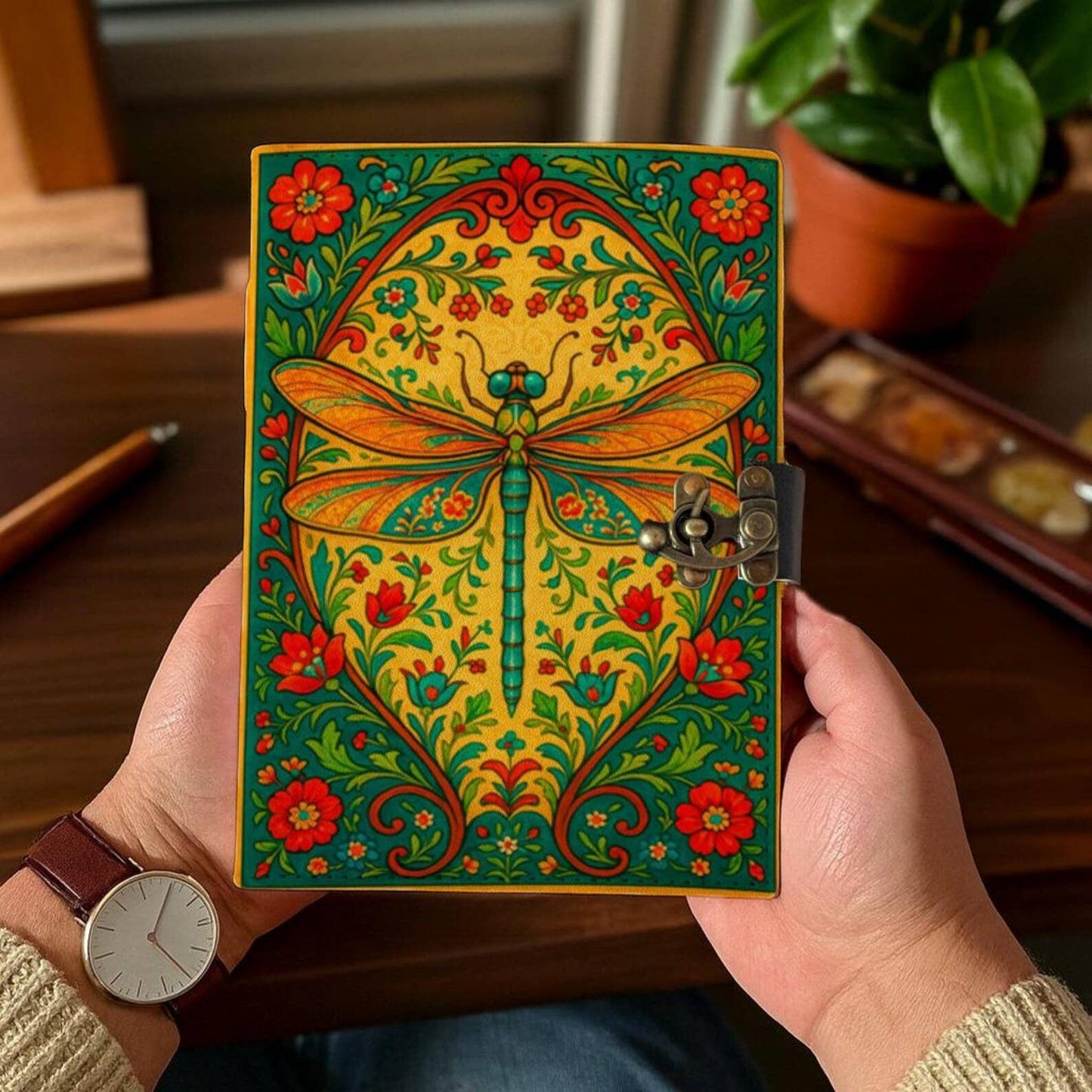 Dragonfly Leather Journal with Lock