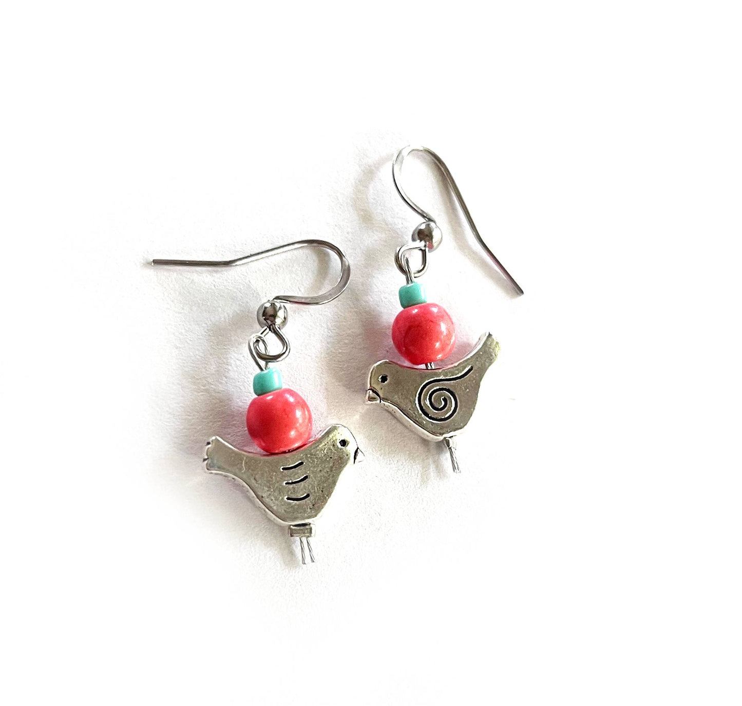 Coral Howlite Dove Bird Earrings