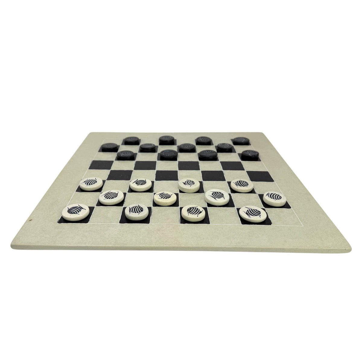 Soapstone Hand-Carved Checker Set with Decorative Fish
