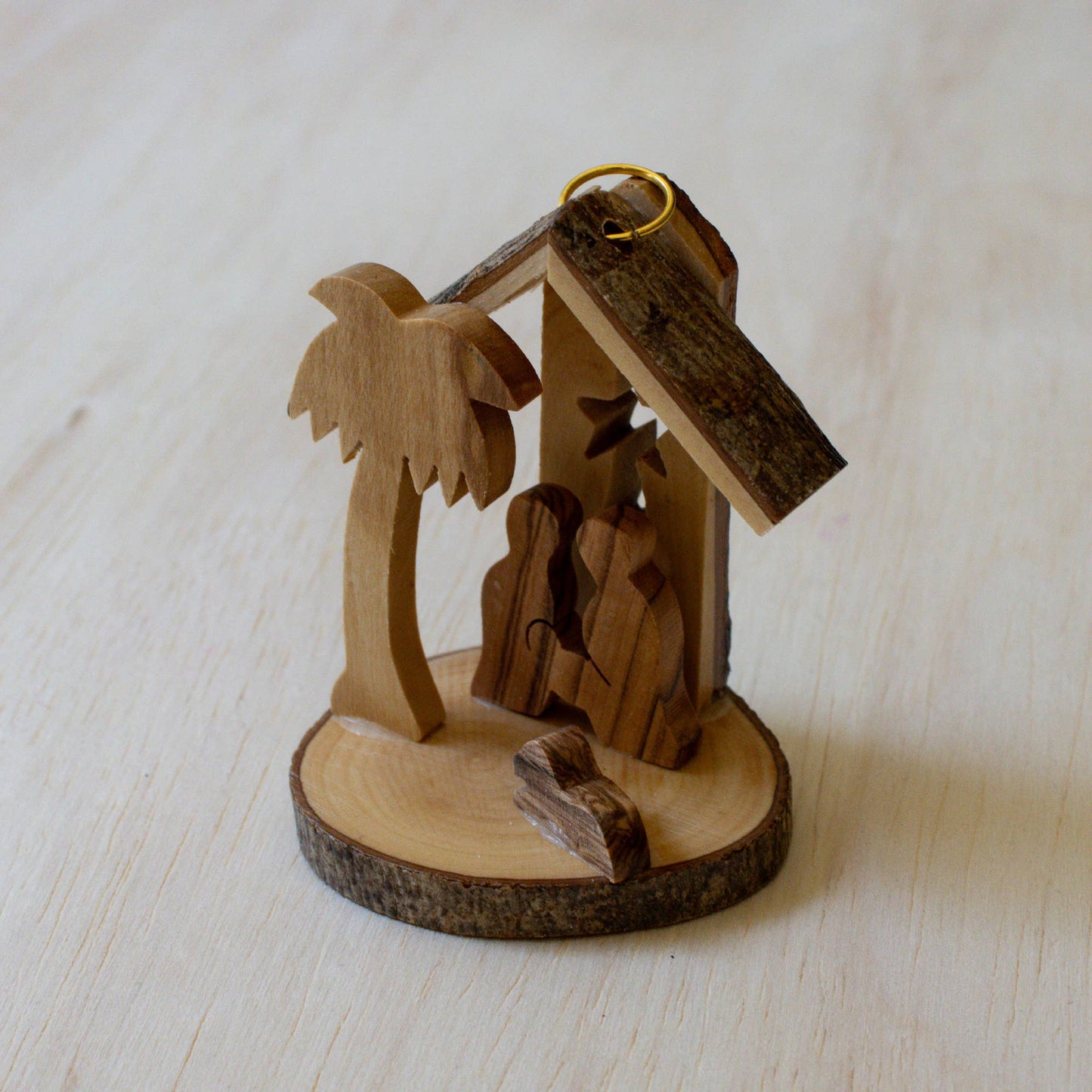 Olive Wood Nativity Ornament with Bark