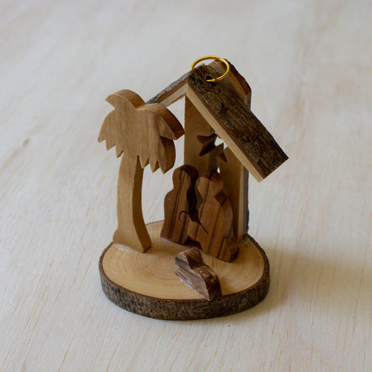 Olive Wood Nativity Ornament with Bark