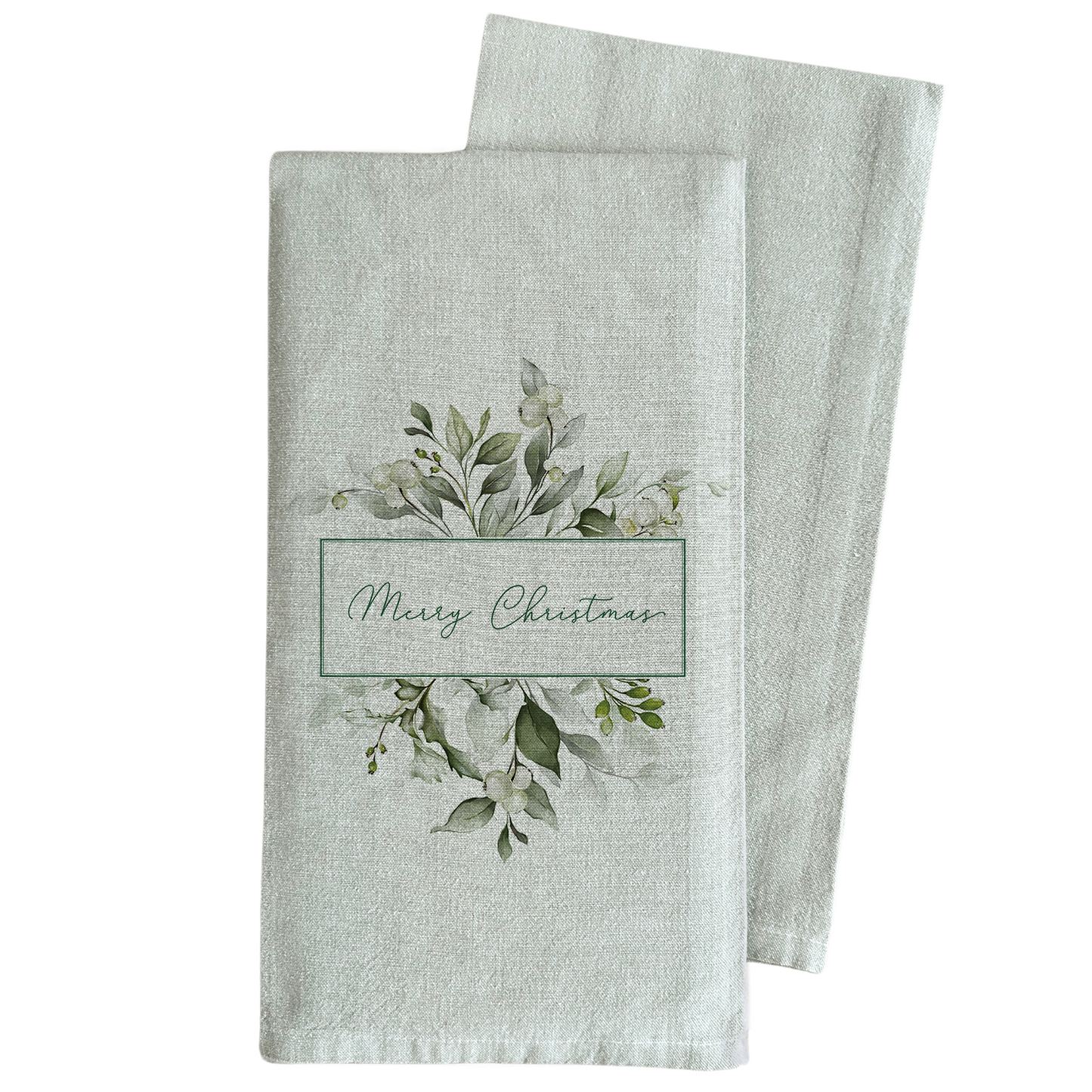 Merry Christmas Greenery Tea Towel: Natural