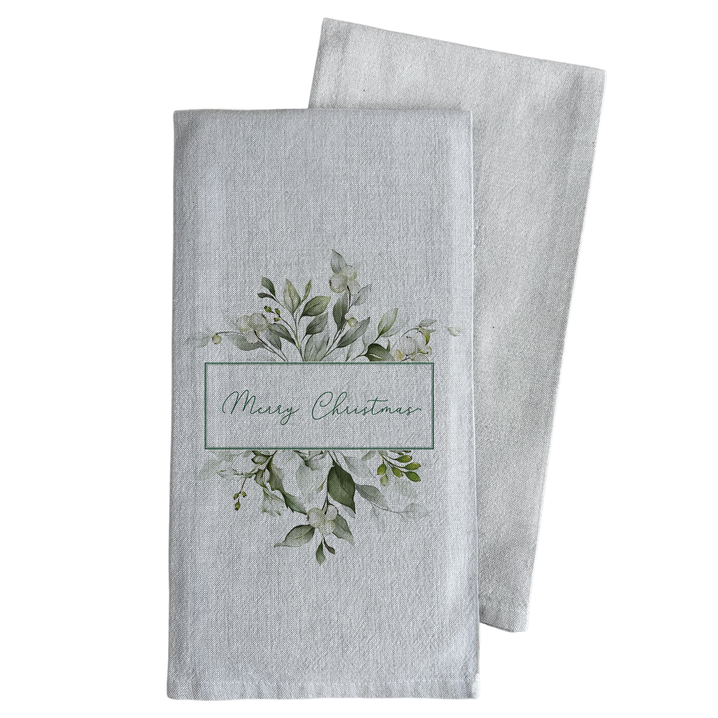 Merry Christmas Greenery Tea Towel: White