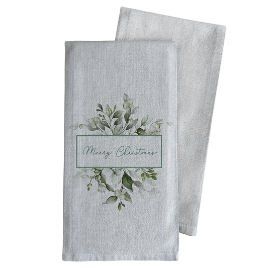 Merry Christmas Greenery Tea Towel: Natural