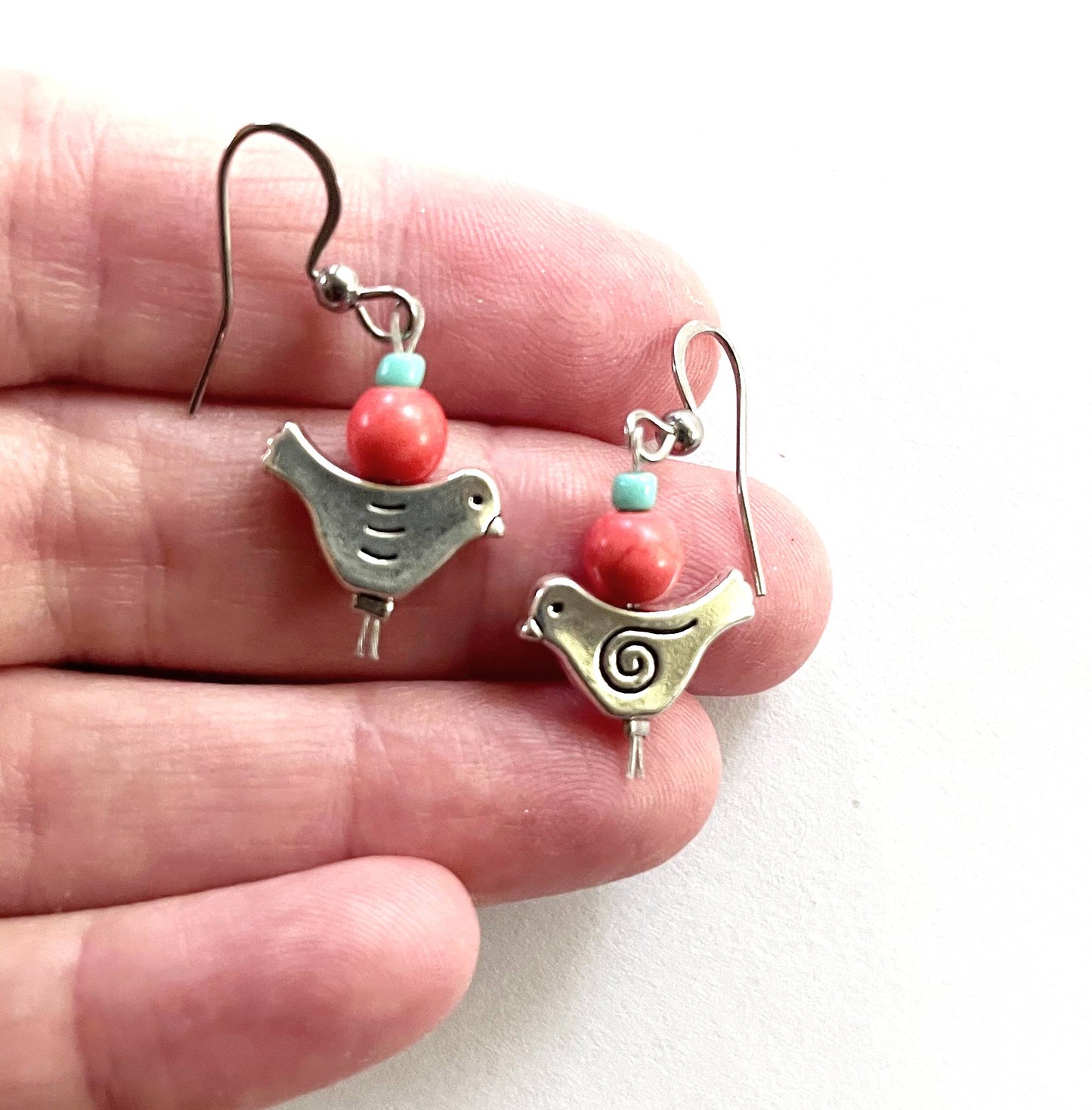Coral Howlite Dove Bird Earrings