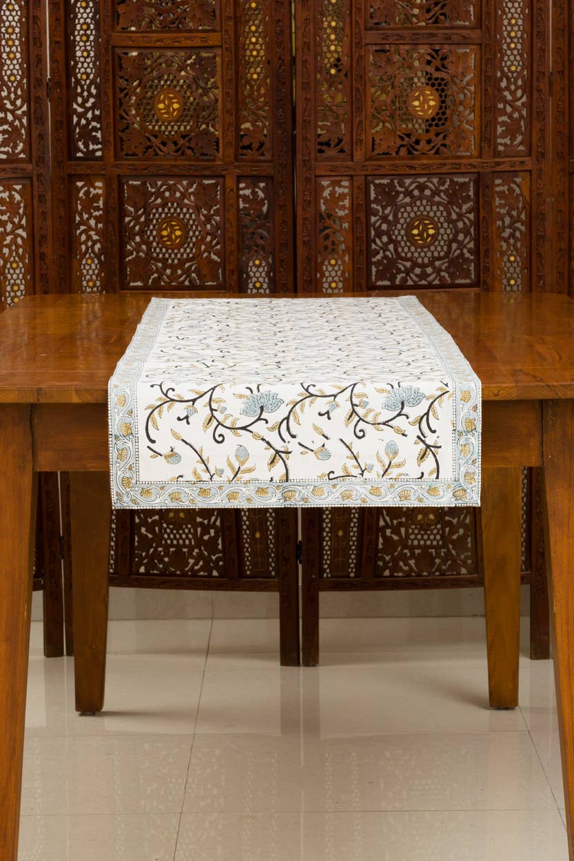 Silver Floral Block Print Table Runner