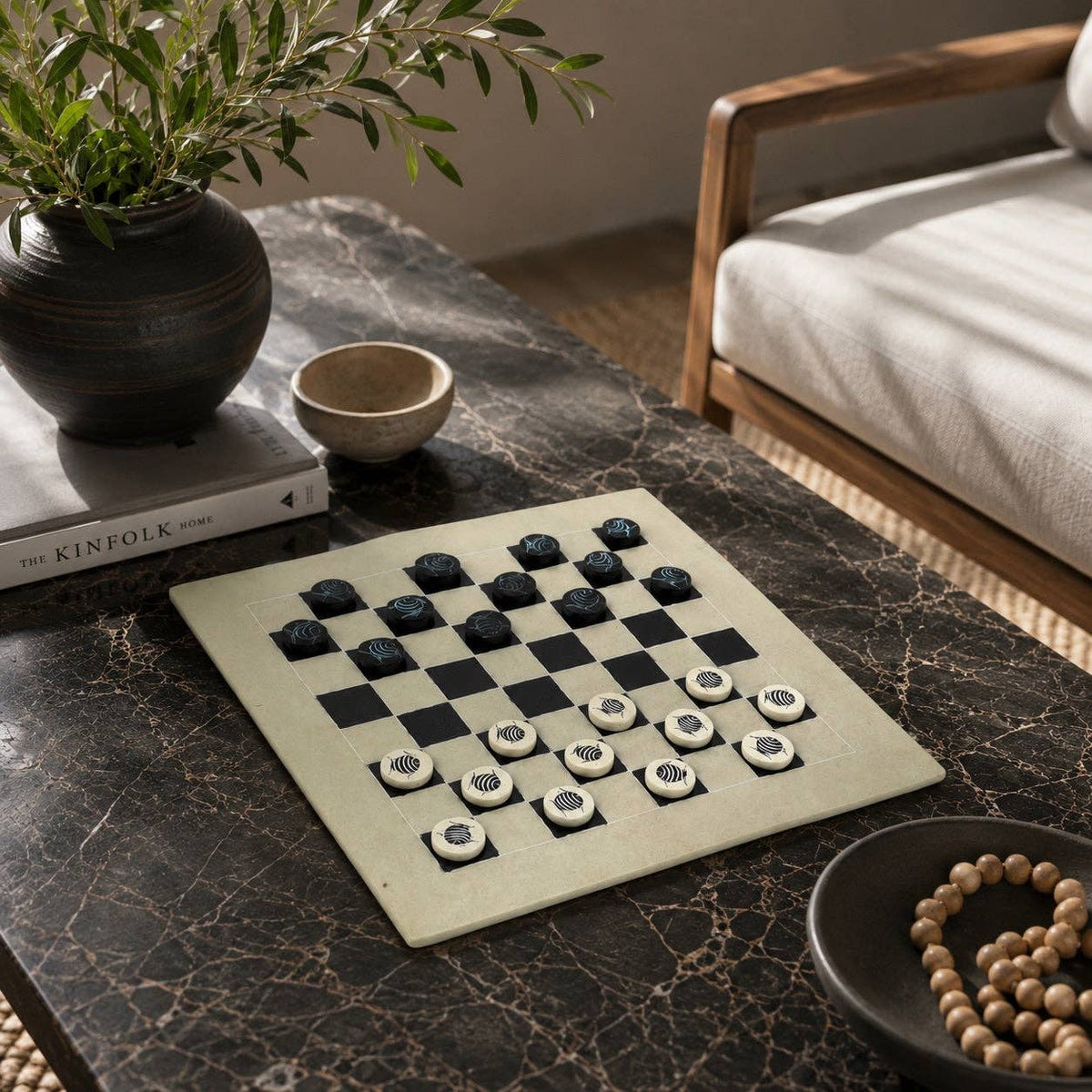 Soapstone Hand-Carved Checker Set with Decorative Fish