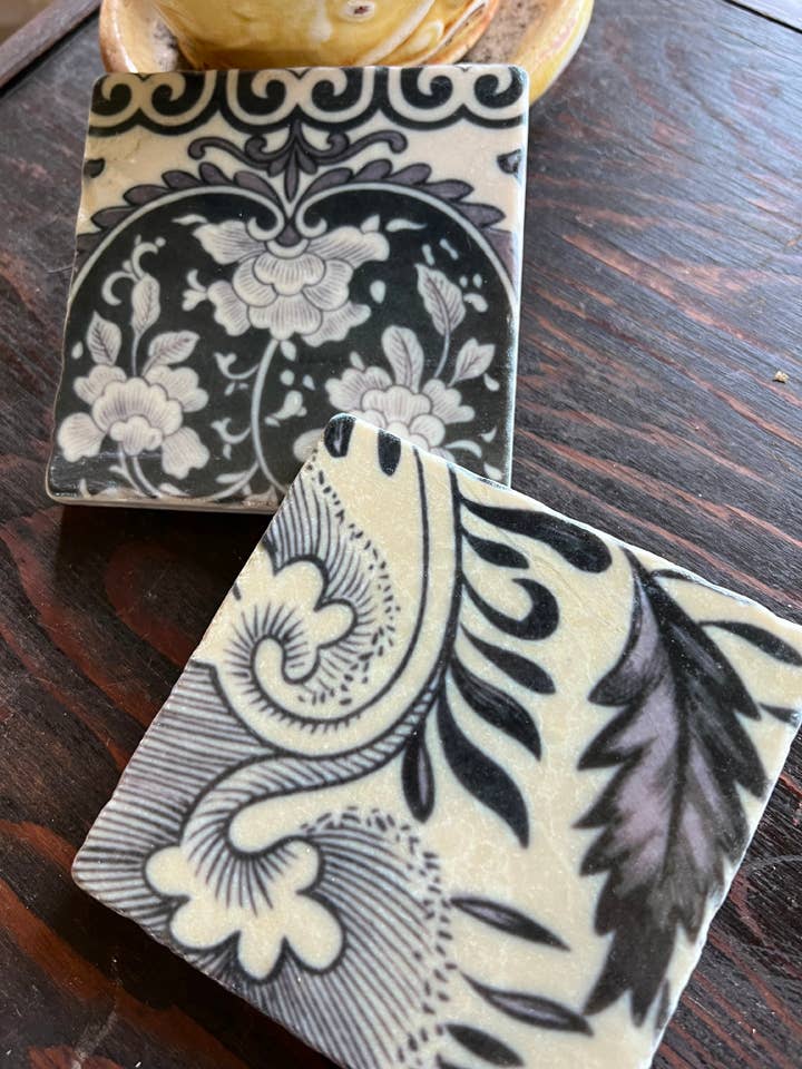 Ivory and Black Floral stone coaster