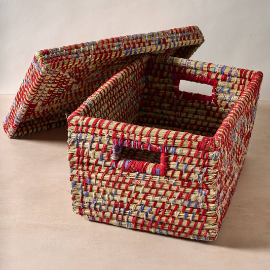 Lidded Assorted Sari Storage Basket 10.5H