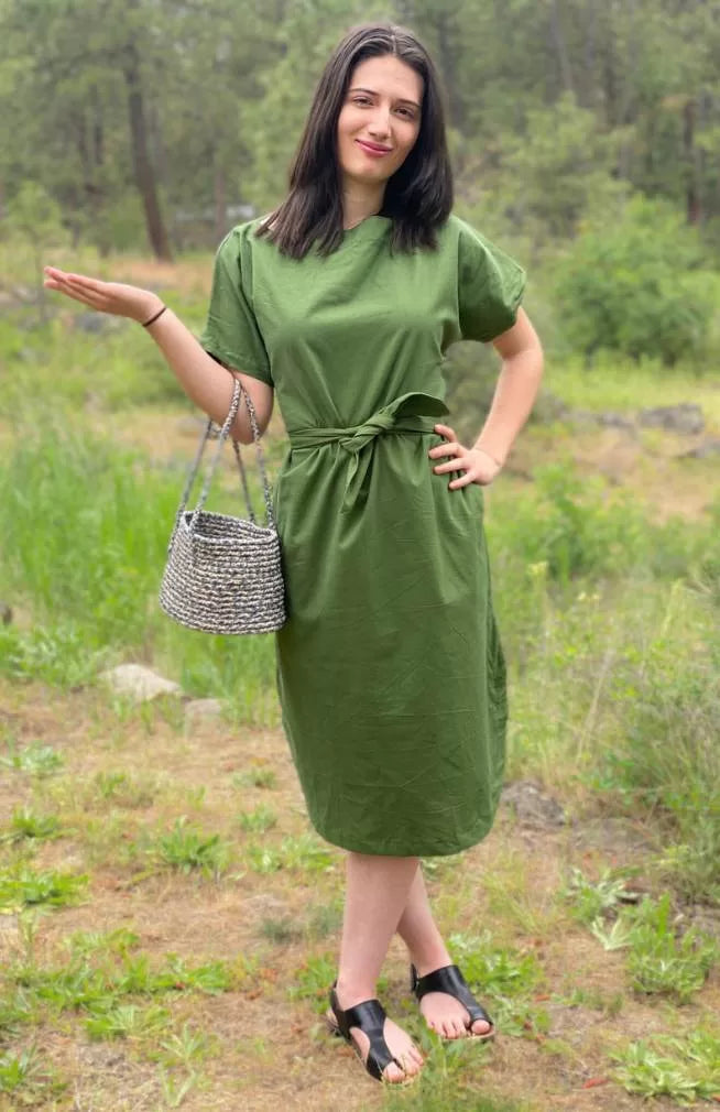 Cotton Dress with wrap tie and side pockets
