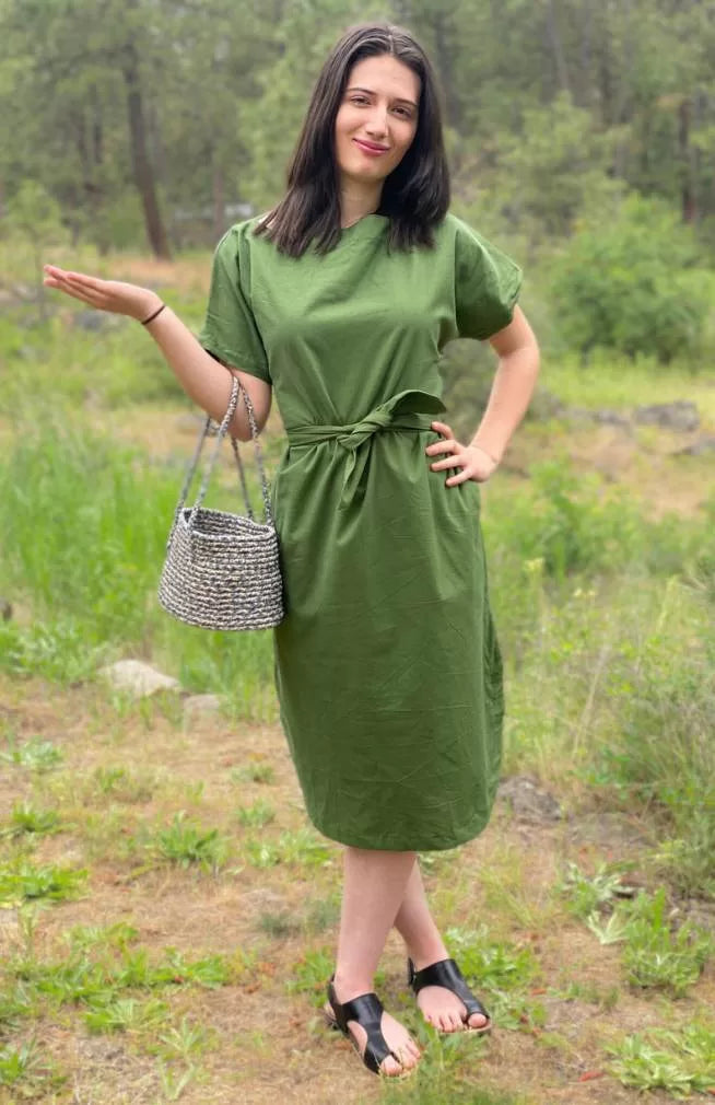 Cotton Dress with wrap tie and side pockets Green