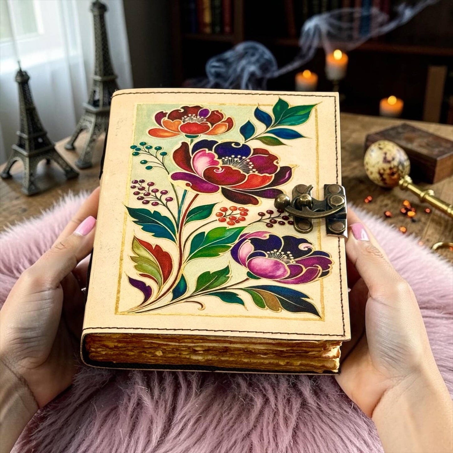 Floral Leather Journal with Lock, Handmade Botanical Diary
