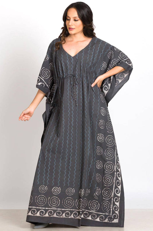 Spiral Block Print Kaftan Dress: Steel Grey