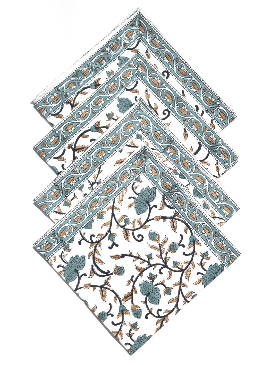 Silver Floral Block Print Napkins - Set of 4