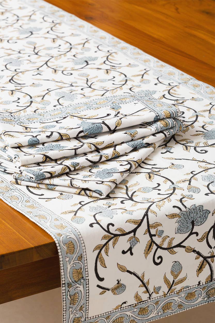Silver Floral Block Print Table Runner