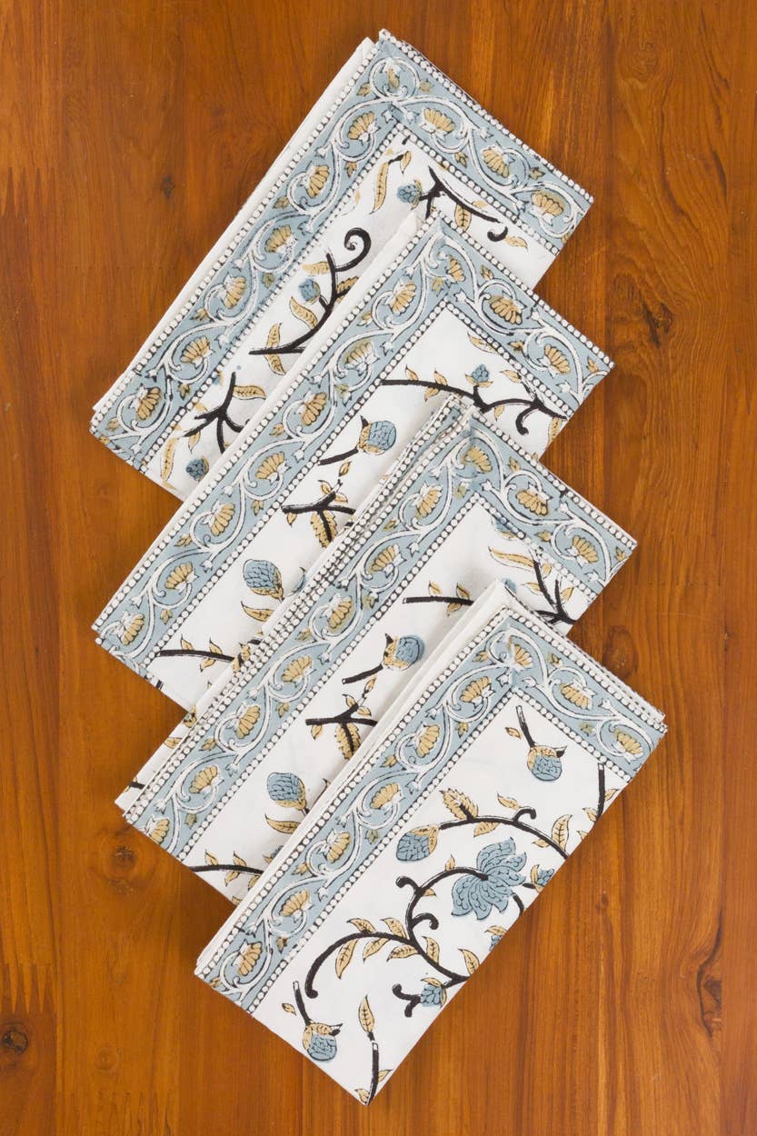 Silver Floral Block Print Napkins - Set of 4