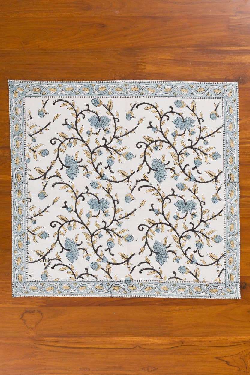 Silver Floral Block Print Napkins - Set of 4