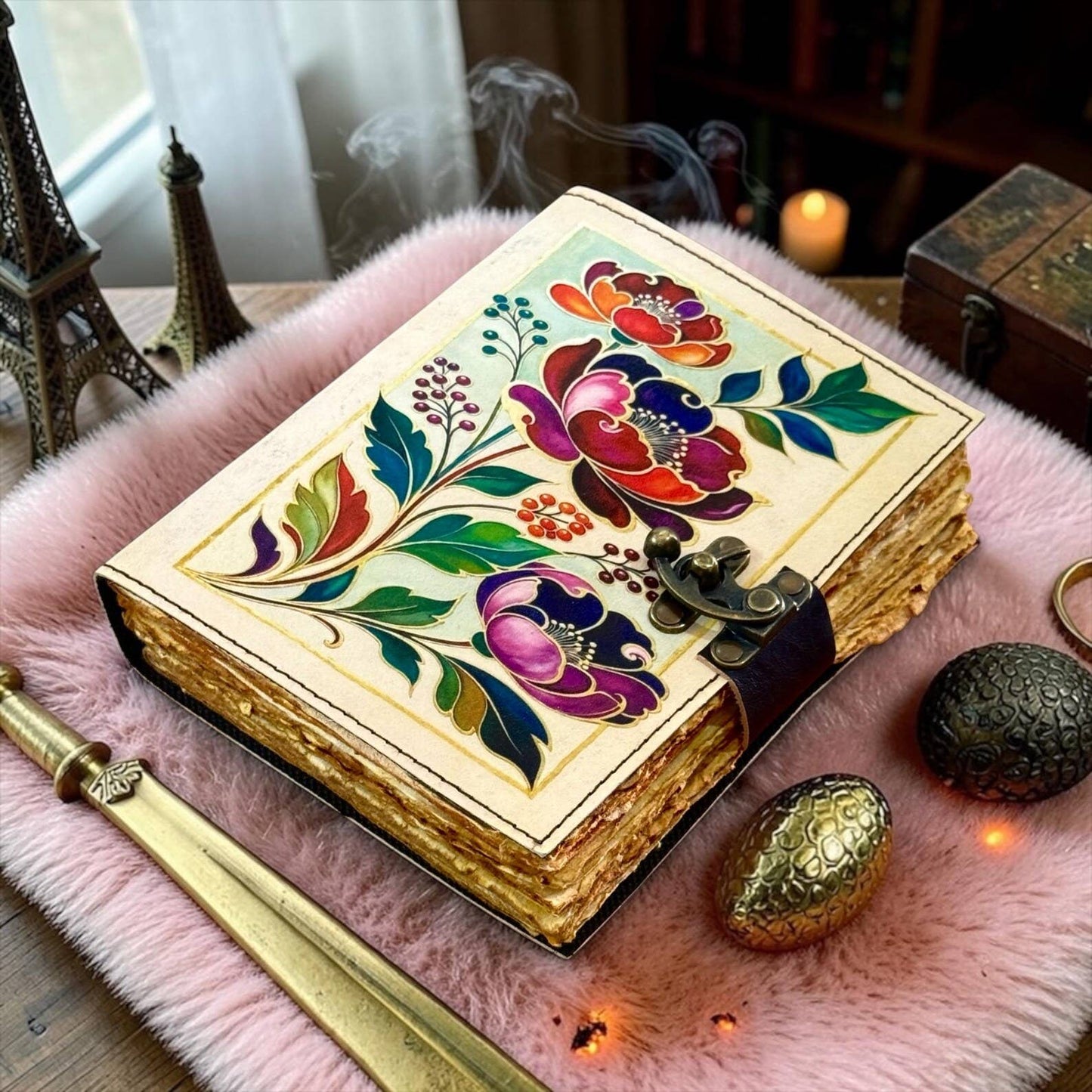 Floral Leather Journal with Lock, Handmade Botanical Diary