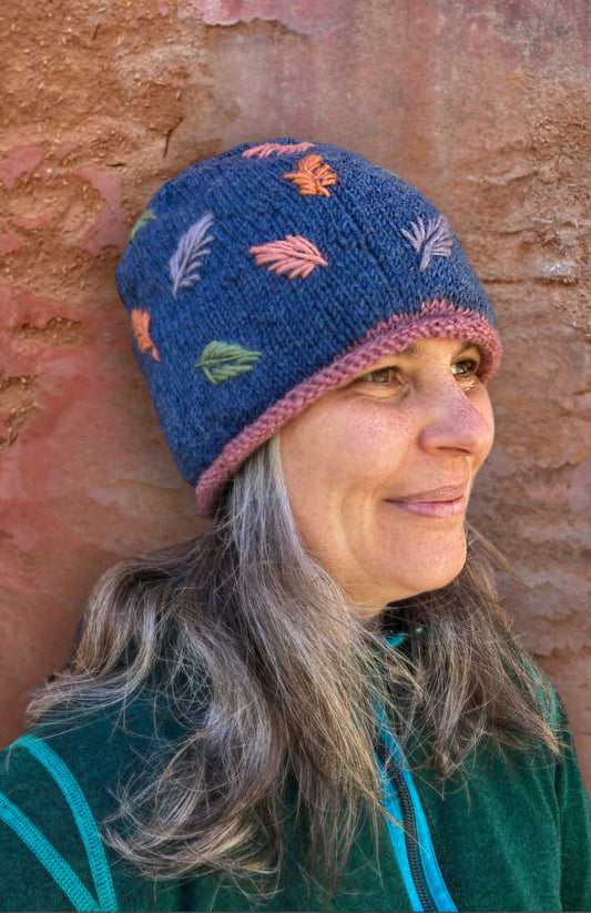 Knit wool hat w/ assorted leaf Embroidery